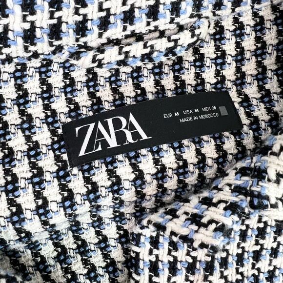Zara Jacket Women's Medium Blue & White Button Down Houndstooth Raw Hemline - Picture 6 of 9